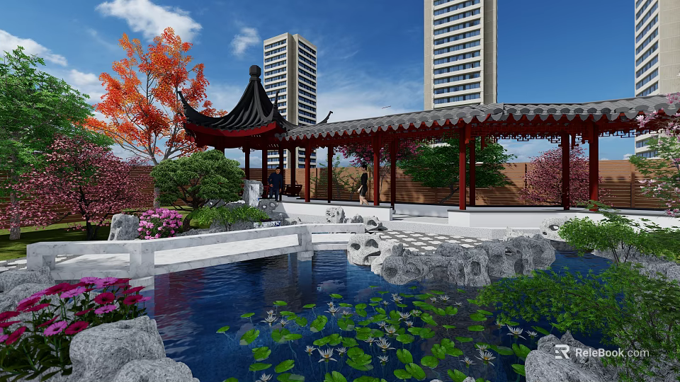 Traditional Courtyard Garden with Chinese Pavilion Pond Lotus Leaves Rockery and Green Plants 3d model 