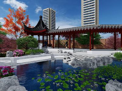 Traditional Courtyard Garden with Chinese Pavilion Pond Lotus Leaves Rockery and Green Plants 3d model
