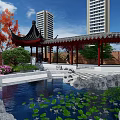 Traditional Courtyard Garden with Chinese Pavilion Pond Lotus Leaves Rockery and Green Plants