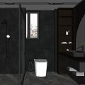 Modern Bathroom Interior Design With Glass Shower Toilet Dark Vanity And Shelves