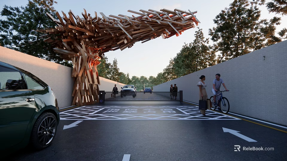 Artistic Entrance Gate Featuring Wooden Stick Structure Trees Driveway And Pedestrians 3d model 