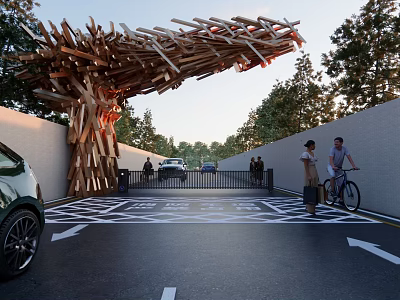 Artistic Entrance Gate Featuring Wooden Stick Structure Trees Driveway And Pedestrians 3d model