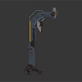 Dark Colored Industrial Robotic Arm With Yellow Warning Stripes Base Wheels And Top Sensor