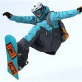 A Man Snowboarding Trick In Blue Suit White Helmet On Blue Board With Orange Patterns