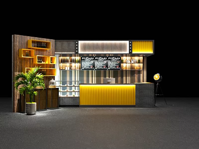 Modern Reception Desk Design With Yellow Countertop Wooden Accents Display Shelves And Green Plant 3d model