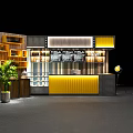 Modern Reception Desk Design With Yellow Countertop Wooden Accents Display Shelves And Green Plant