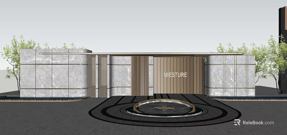 Modern Entrance Gate With Stone Walls MESTURE Signage Circular Ground And Green Plants 3d model 