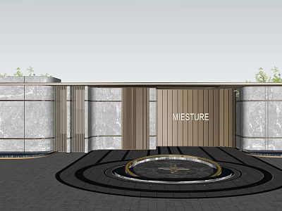 Modern Entrance Gate With Stone Walls MESTURE Signage Circular Ground And Green Plants 3d model