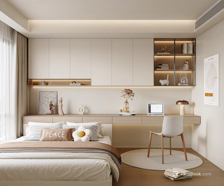 Modern Tatami Bedroom Interior With Bed Pillows Study Desk Bookshelf And Cabinets 3d model 