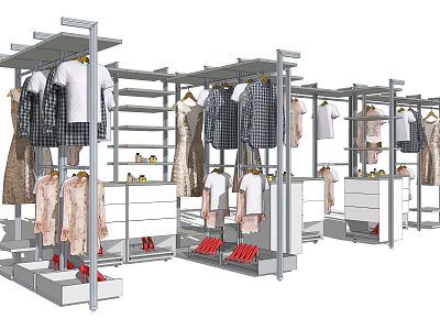 Clothing Racks With Hanging Clothes White Storage Cabinets And Shoes In Retail 3d model