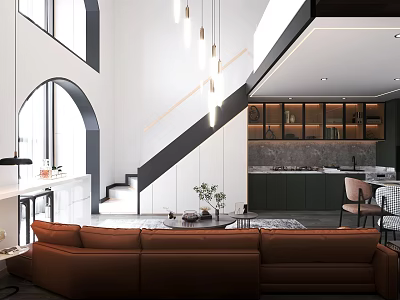 Modern Apartment Interior Design With Open Space Brown Sofa Staircase Kitchen And Pendant Lights 3d model