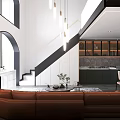 Modern Apartment Interior Design With Open Space Brown Sofa Staircase Kitchen And Pendant Lights