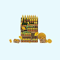 Vibrant Beverage Display With Stacked Yellow Bottles Fresh Oranges And Wooden Crates