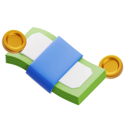 Stack Of Green Paper Bills Bound With Blue Strap And Gold Coins 3d model