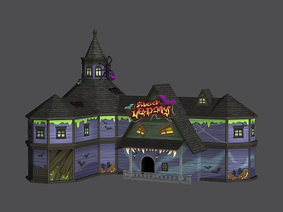 Cartoon Halloween House Scene With Spooky Roof Purple Walls Bats And Pumpkin Lanterns 3d model