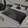 Double Bed in Modern Bedroom with Dark Bedding Gray Throw and Polka Dot Accent Chair