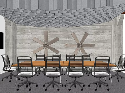 Modern Meeting Room Interior With Long Table Chairs Decorative Wall Fans And Stone Ceiling 3d model