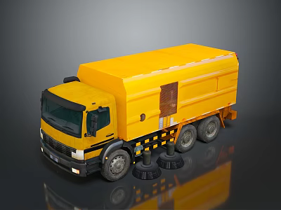 Yellow Cleaning Truck with Sweeping Equipment and Side Windows Design 3d model