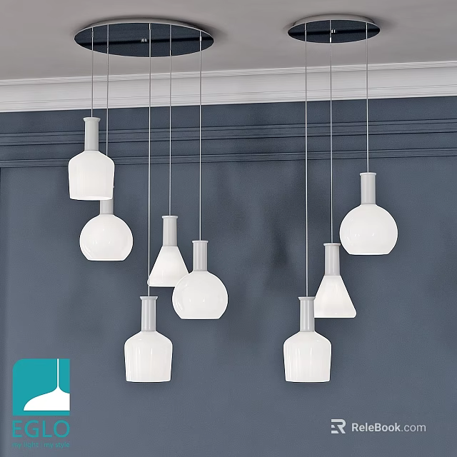 Modern White Pendant Lights With Various Shapes Hanging In Dark Background Interior 3d model 