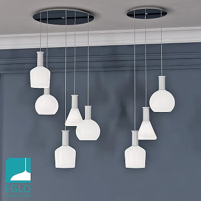 Modern White Pendant Lights With Various Shapes Hanging In Dark Background Interior 3d model