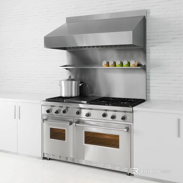 Modern Kitchen Appliances With Stainless Steel Range Hood And Double Oven Gas Range 3d model 