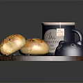 Fresh Buns with Favorite Tea Cup and Cartoon Bear Lid on Wooden Tray Checkered Cloth