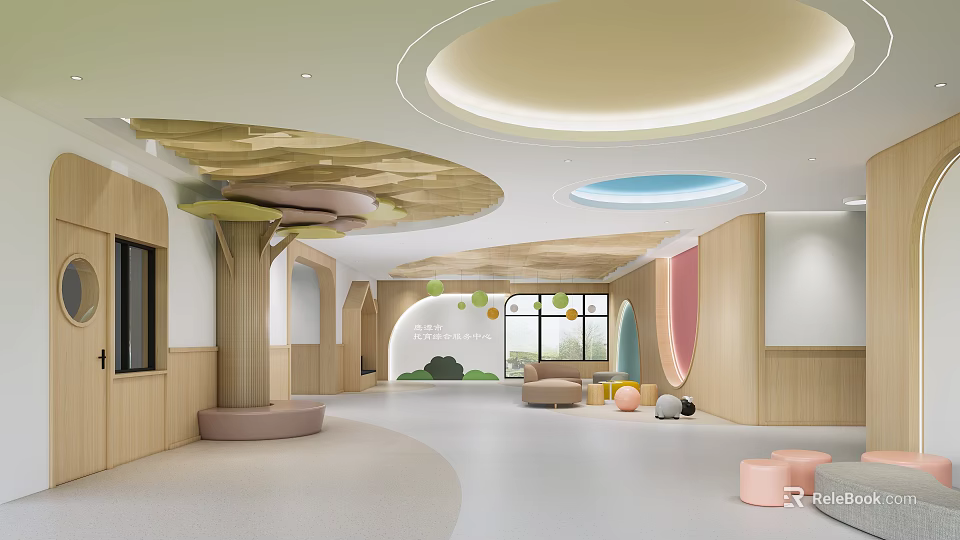 Bright Kindergarten Interior Design With Round Ceiling Elements Wooden Decor And Soft Play Areas 3d model