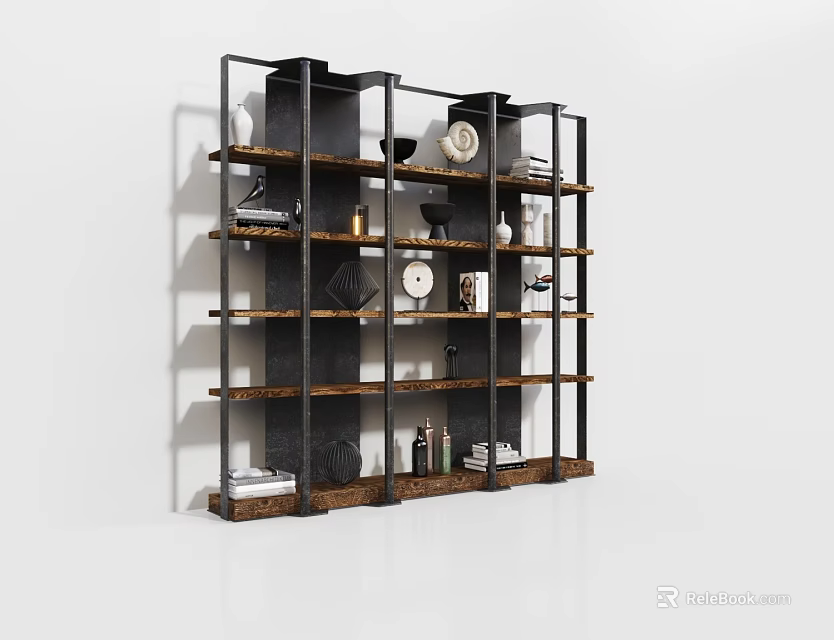 Modern Wall Cabinets With Black Frame And Wooden Shelves Featuring Decorative Books Clock And Vases 3d model 