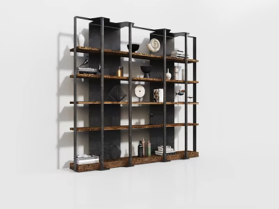 Modern Wall Cabinets With Black Frame And Wooden Shelves Featuring Decorative Books Clock And Vases 3d model