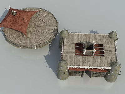 Traditional Wooden Building Structure Featuring Classic Swing Door And Wooden Platform 3d model