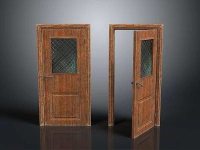 Vintage Wooden Doors With Glass Panels In Closed And Open States 3d model