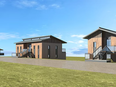 Modern Wooden Cabins With Stairs And Balconies In Open Grassy Area Under Clear Sky 3d model