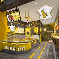 Happy Factory Food Shop Yellow And Black Interior With Display Counter Stools And Pendant Lights