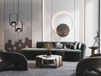 Modern Luxury Sofa and Coffee Table Set with Geometric Pattern Rug and Circular Decorative Lamp 3d model