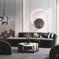 Modern Luxury Sofa and Coffee Table Set with Geometric Pattern Rug and Circular Decorative Lamp