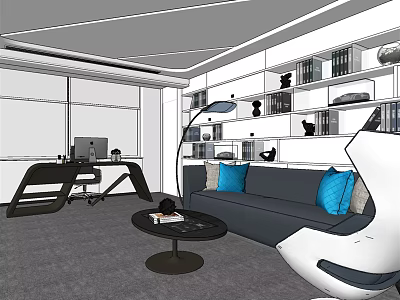 Modern Office Interior With Large Windows Desk Computer Sofa Blue Cushions Bookshelves And Floor Lamp 3d model