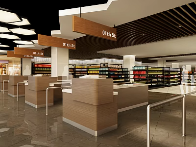 Supermarket Department Store Interior With Checkout Counters Shelves Stocked With Products And Exit Signs 3d model