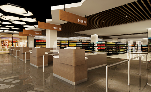 Modern Supermarket Shelves Cashier Area 3d model