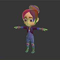 3D Game Character With Red Hair Purple Headband And Purple Blue Bodysuit Arms Outstretched