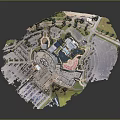 Aerial Planning of Commercial District with Buildings Parking Lots Water Pools and Green Areas