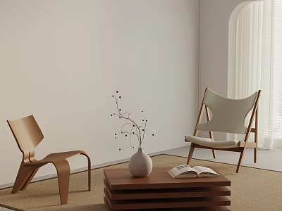 Wooden Table and Chair Set with Minimalist Design Vase Open Book and Window 3d model