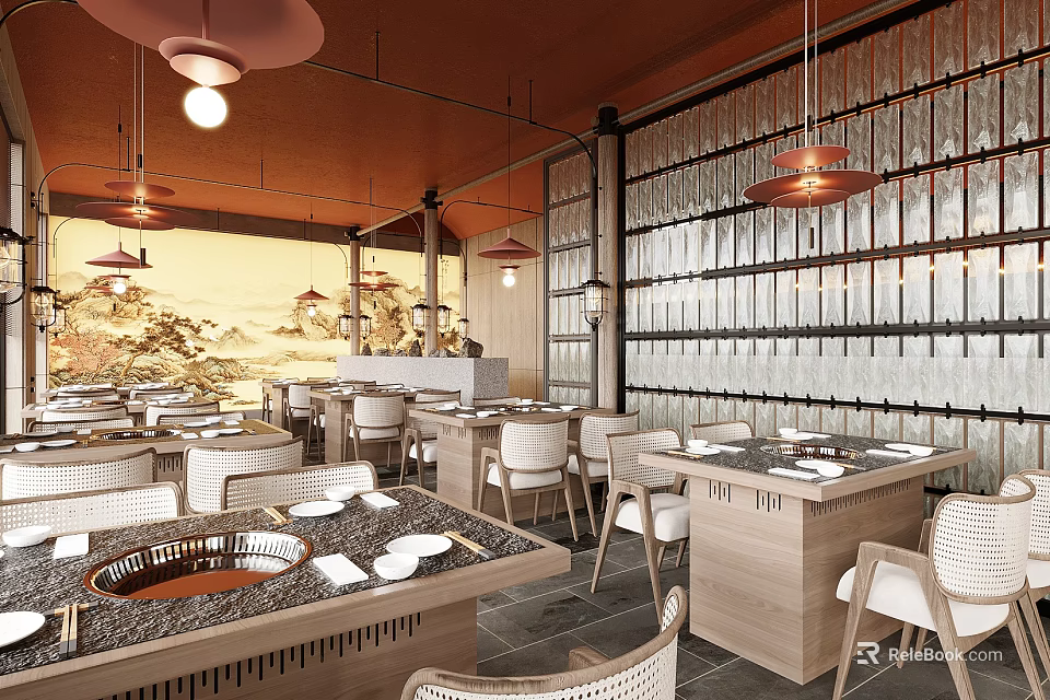 Traditional Chinese Hotpot Restaurant Interior With Wooden Tables Hanging Lamps And Landscape Artwork 3d model 