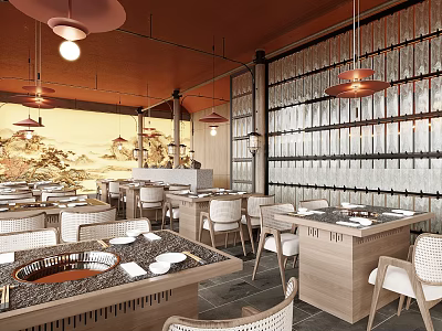 Traditional Chinese Hotpot Restaurant Interior With Wooden Tables Hanging Lamps And Landscape Artwork 3d model