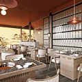 Traditional Chinese Hotpot Restaurant Interior With Wooden Tables Hanging Lamps And Landscape Artwork