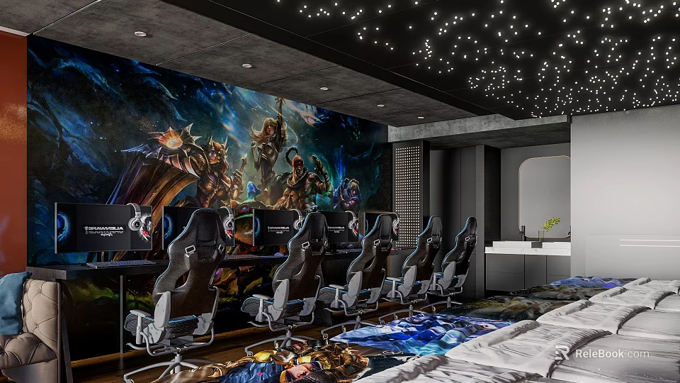 Gaming Themed Hotel Room With Game Mural Large Screens Gaming Chairs Starry Ceiling 3d model 