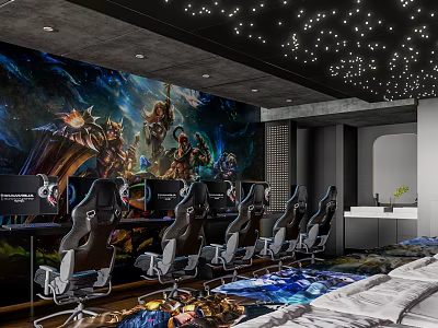 Gaming Themed Hotel Room With Game Mural Large Screens Gaming Chairs Starry Ceiling 3d model