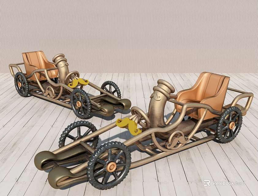 Vintage Style Electric Toy Cars With Brown Seats Black Wheels On Wooden Floor 3d model 