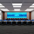 Modern Well Lit Conference Room With Large Digital Screen Multiple Computers And Seats 3d model