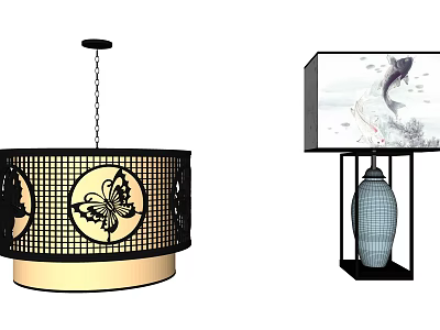 Elegant Lighting Combinations Featuring Butterfly Pattern Pendant And Grid Design Table Lamp 3d model