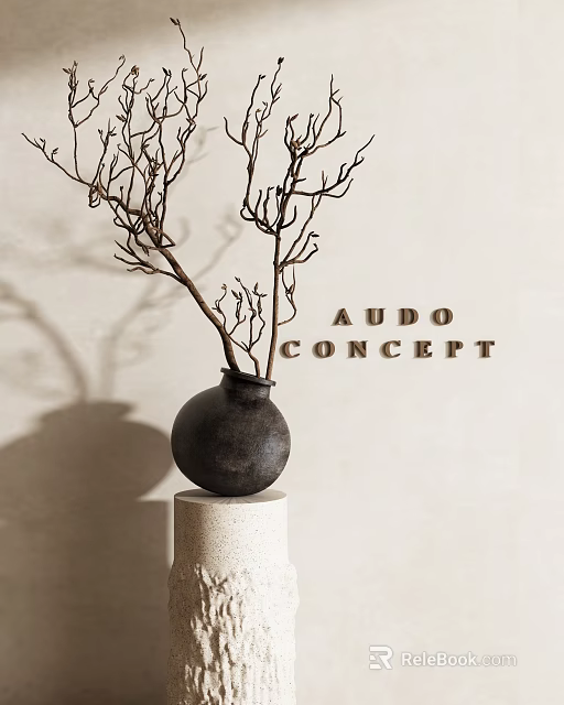 Black Ceramic Vase with Dried Branches on White Pedestal Against Neutral Wall AUDO CONCEPT Decor 3d model 